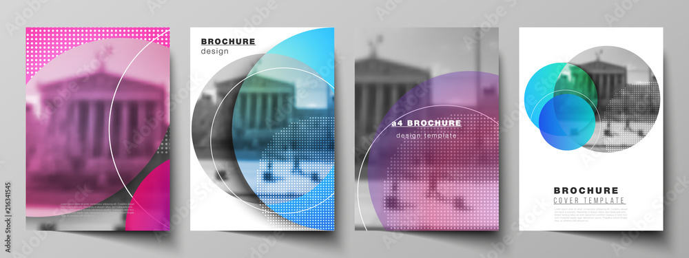 The vector layout of A4 format modern cover mockups design templates for brochure, magazine, flyer, booklet, annual report. Creative modern bright background with colorful circles and round shapes - obrazy, fototapety, plakaty 