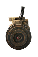 automotive air conditioning compressor, an old disabled engine shot from a car, a car detail isolated on a white background