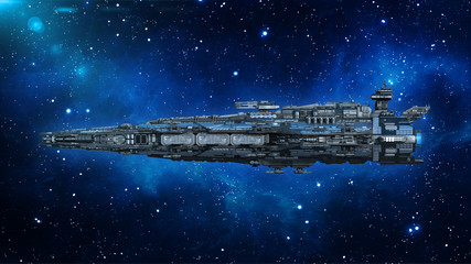 Alien spaceship in the Universe, spacecraft flying in deep space with stars in the background, UFO side view, 3D rendering