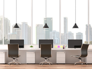 Moderm office with city view 3d render.The rooms have wooden floors.Furnished with white table and black leather chair. There are large window overlooking to city view.