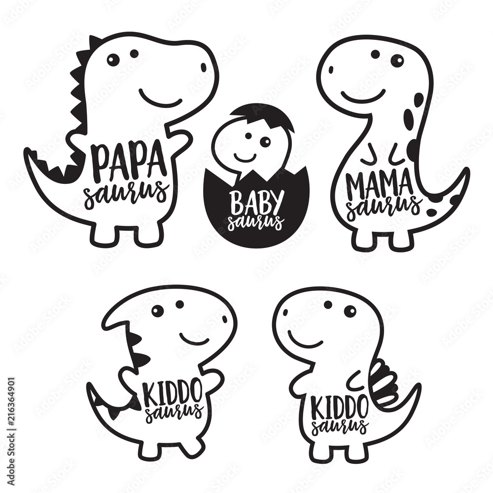 Cute dinosaur family cartoon character in black outlined vector  illustration. Stock Vector | Adobe Stock, image size:1000x1000