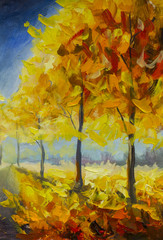 Poster - Gold orange autumn park forest trees fall  leaf foliage landscape nature oil painting impressionism illustration on canvas