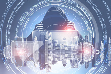 Poster - Hacker in a city, zeros and ones HUD