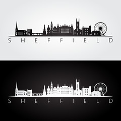 Sheffield skyline and landmarks silhouette, black and white design, vector illustration.