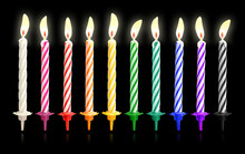 Burning Birthday Candles Isolated On Dark Background With Fire Flames. Colorful Collection. ( Clipping Path )