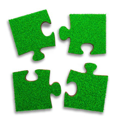 Wall Mural - Four jigsaw puzzles of green grass texture, isolated on white, high angle view, 3D illustration.