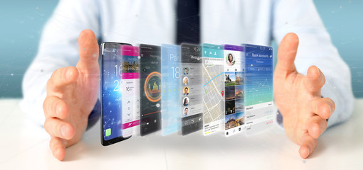Businessman holding 3d rendering app template on a smartphone