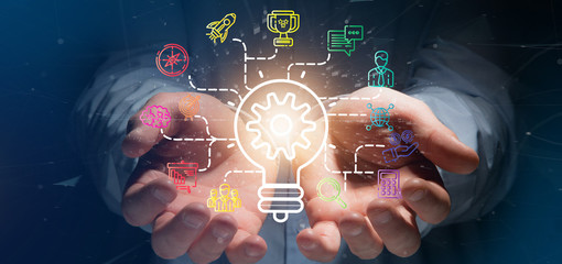 Poster - Businessman holding a Bulb lamp idea concept with start up icon connected 3d rendering