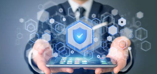Poster - Man holding a Shield web security concept 3d rendering