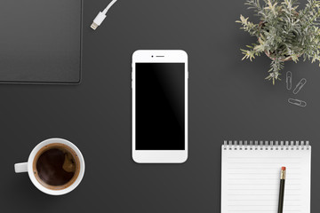 Aufkleber - Flat lay office desk scene with smart phone, cup of coffee, plant, folder, pad and pencil.