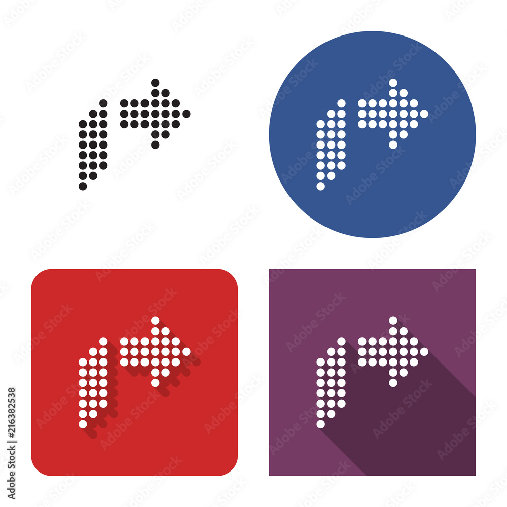 Dotted icon of right orthogonally curved arrow in four variants. With ...