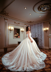 Sensual brunette bride in luxury wedding dress over classic interior, fashion beauty portrait