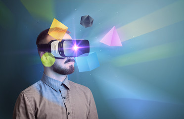 Poster - Amazed businessman with virtual reality colorful geometric shapes in front of him