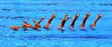 Synchronized Swimmers Point Up Out Of The Water In Action. Synchronized Swimmers Legs Movement. Synchronized Swimming Team Performing A Synchronized Routine Of Elaborate Moves In The Water.