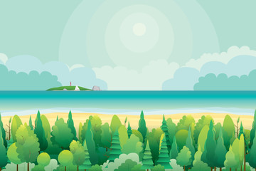 Wall Mural - Vector illustration of various trees and island with blue sky background.