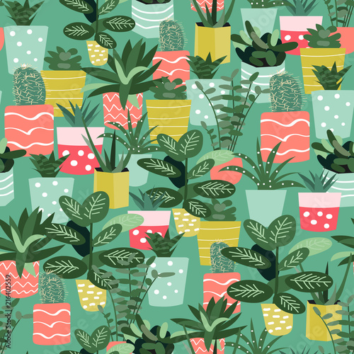 Potted House Plants Print Bright Botanical Floral Seamless Pattern Vector Flower Print Floral Background Textile Fabric Design Trendy Graphic Design Memphis Style Stock Vector Adobe Stock