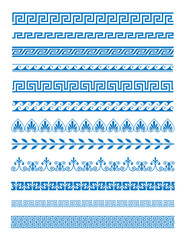 Fototapete - Vector illustration set of Greek patterns and ornaments on white background. Wave and meander decorative elements set blue color.