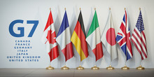 G7 Summit Or Meeting Concept. Row From Flags Of Members Of G7 Group Of Seven And List Of Countries,