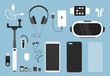 Vector illustration set of smartphone and accessories for it. Phone with case, charger, headphones and protective glass, cover and other things for smartphone in flat cartoon style.