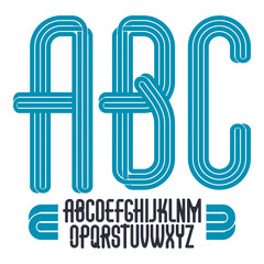 Poster - Set of bright vector tall upper case funky English alphabet letters with parallel lines, for use as retro poster design elements for fun club or concert advertising.