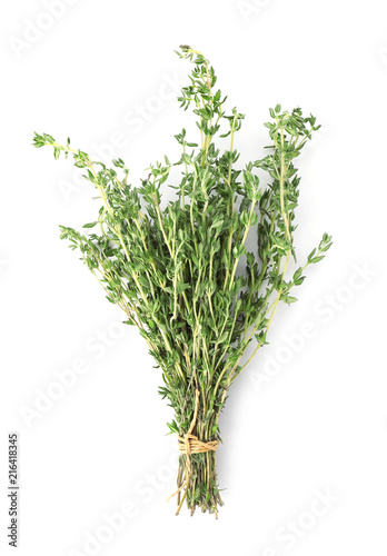 Cuadros en Lienzo Bunch of thyme on white background, top view. Fresh herb