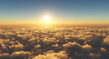 High Angle View Of Beautiful Golden Sunset Above Clouds
