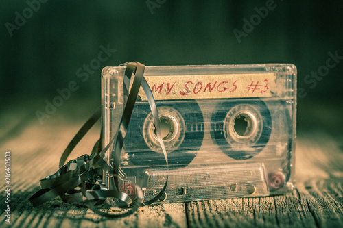 Fotografía Old one cassette tape with an extracted tape