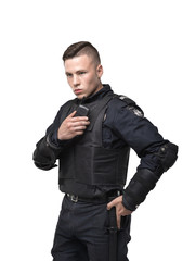 Wall Mural - Police officer in uniform on white background