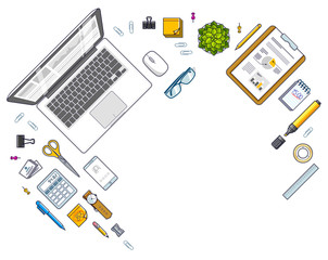 Fototapete - Office employee or entrepreneur work desk workplace with PC computer and diverse stationery objects for work with copy space for text. All elements are easy to use separately. Vector.