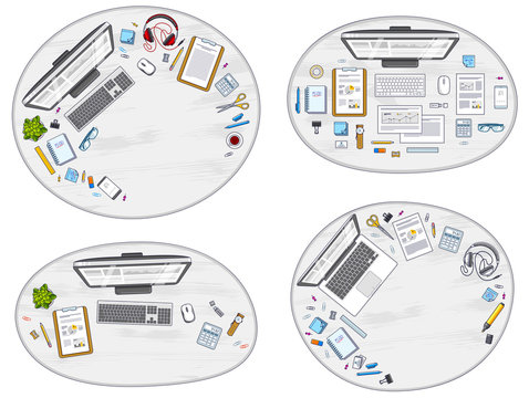 Office desks workspaces top view with PC and laptops  and diverse stationery objects for work, overhead look. All elements are easy to use separately or recompose the illustrations. Vector set.