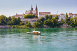 Scenic view of Rhine embankment with ferry boat in Basel, Switzerland