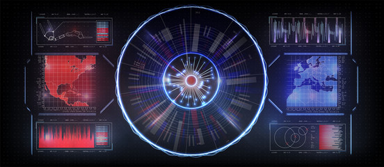Poster - Interface of the future, set interface of the tool. Hud head-up display. Confrontation of the state on the map.