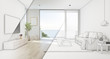 Sea view living room of luxury beach house with glass door and wooden terrace. TV on white marble wall against sofa near indoor plant in vacation home or holiday villa. Hotel interior 3d illustration.