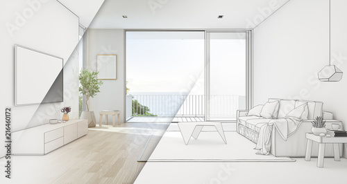 Sea View Living Room Of Luxury Beach House With Glass Door