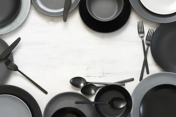 Poster - Monochrome tableware on white wood