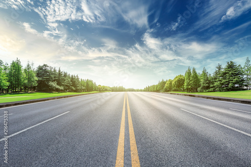 Cuadros en Lienzo Asphalt road and green forest landscape under the blue sky