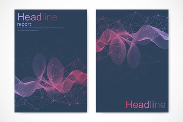 Minimal brochure templates, magazine, leaflet, flyer, cover, booklet, annual report, banner. Scientific concept for medical, technology, chemistry. Hexagonal molecule structure. Dna, atom, neurons.