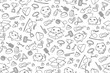 Seamless pattern background Cat and equipment kids hand drawing set illustration black color isolated on white background