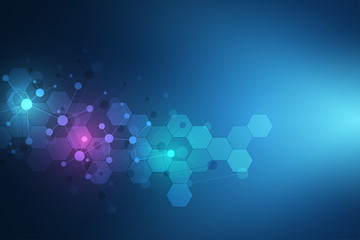 Molecular structure background and communication. Abstract background from molecule DNA. Medical, science and digital technology concept with connected lines and dots.