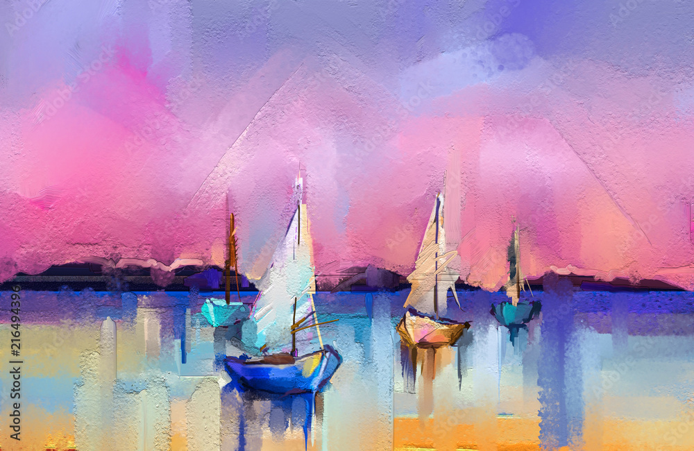 Colorful oil painting on canvas texture. Impressionism image of seascape paintings with sunlight background. Modern art oil paintings with boat, sail on sea. Abstract contemporary art for background - obrazy, fototapety, plakaty 