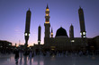 Masjid (Mosque) Nabawi at sunset in Al Madinah, Kingdom of Saudi Arabia.