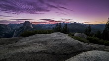 Time Lapse Of The Sunrise Over Half Dome Mountain And Valley In Yosemite National Park, California