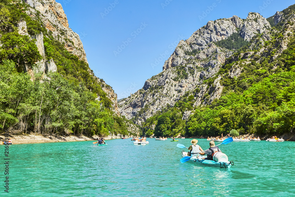 St Croix Lake, Les Gorges du Verdon with Tourists in kayaks, boa - obrazy, fototapety, plakaty 