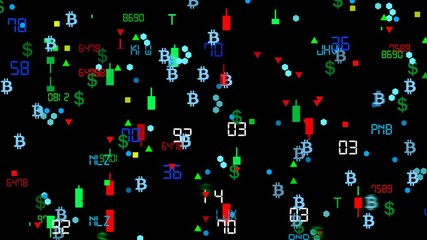 Poster - Large size of financial icons. The trend towards animation in the stock market. .Icon, dollar, bitcoin, growing and falling graph, index numbers, names. Business background. Place for text.