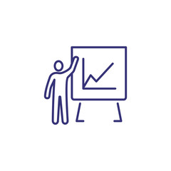 Poster - Speaker holding presentation line icon. Graph, analytics, office board. Meeting concept. Can be used for topics like business, marketing, reporting