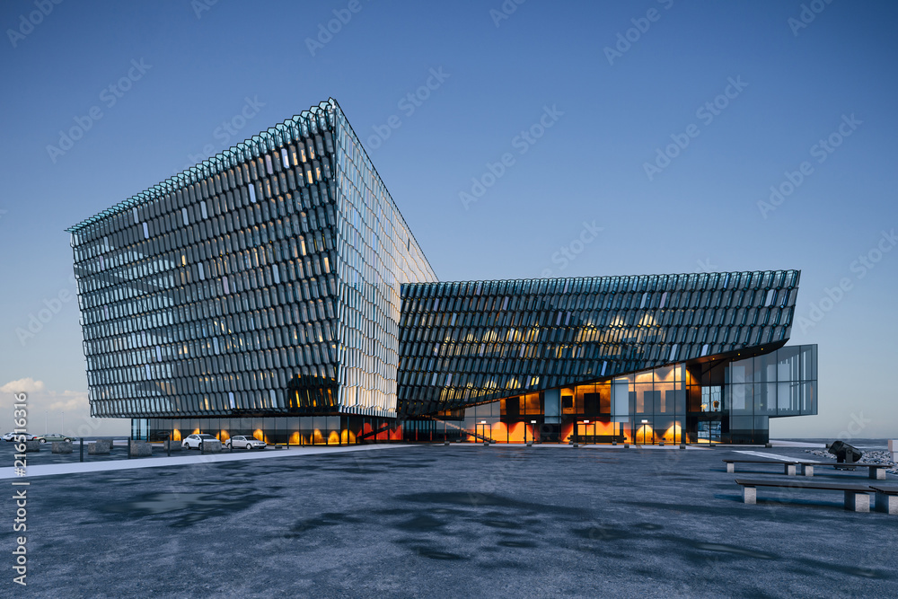 3d render, visualization of modern glass commercial building - obrazy, fototapety, plakaty 