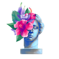 Poster - Venus de Milo statue with cut skin and exotic flowers