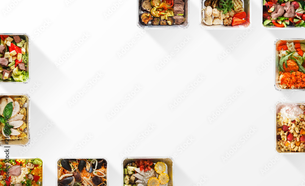 Layout for diet plan. Frame of food boxes on white, top view Stock ...