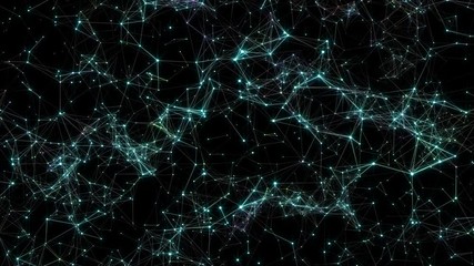 Poster - Blue fantasy abstract technology, engineering and science motion background with particles and plexus connected lines in organic motion. Flickering star light. Depth of field settings. 3d rendering