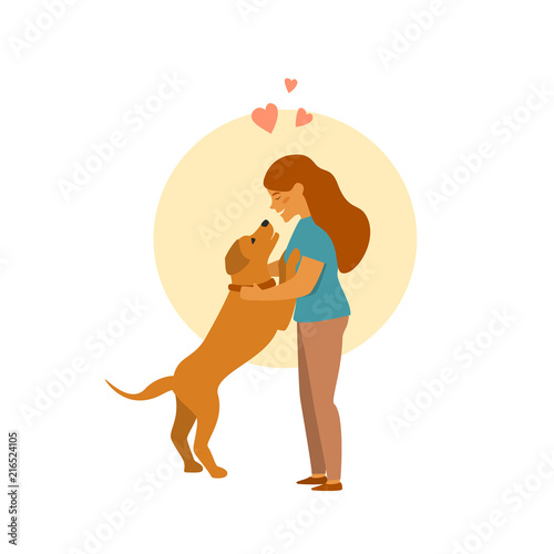 Fotografía girl and dog hug cute cartoon vector illustration